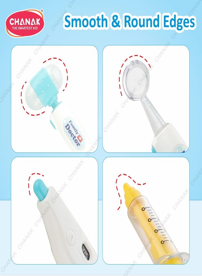 Chanak مجموعة أدوات الطبيب المميزة من تشاناك للأطفال مع أدوات مضيئة بتقنية LED - مجموعة لعب تمثيلي للأولاد والبنات فوق سن 3 سنوات - مجموعة من 9 قطع (أزرق شفاف) - Image 4