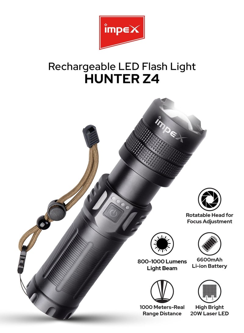 إمبكس 3 pcs كشاف LED قابل لإعادة الشحن مع وظيفة التكبير، فلاش ليزر 20 واط، 1000 لومين، تركيز قابل للتعديل، بطارية 6600 ملي أمبير، منفذ شحن Type-C، هيكل من الألمنيوم المقاوم للتآكل، ضمان سنتين، Hunter Z4 – أسود - Image 2