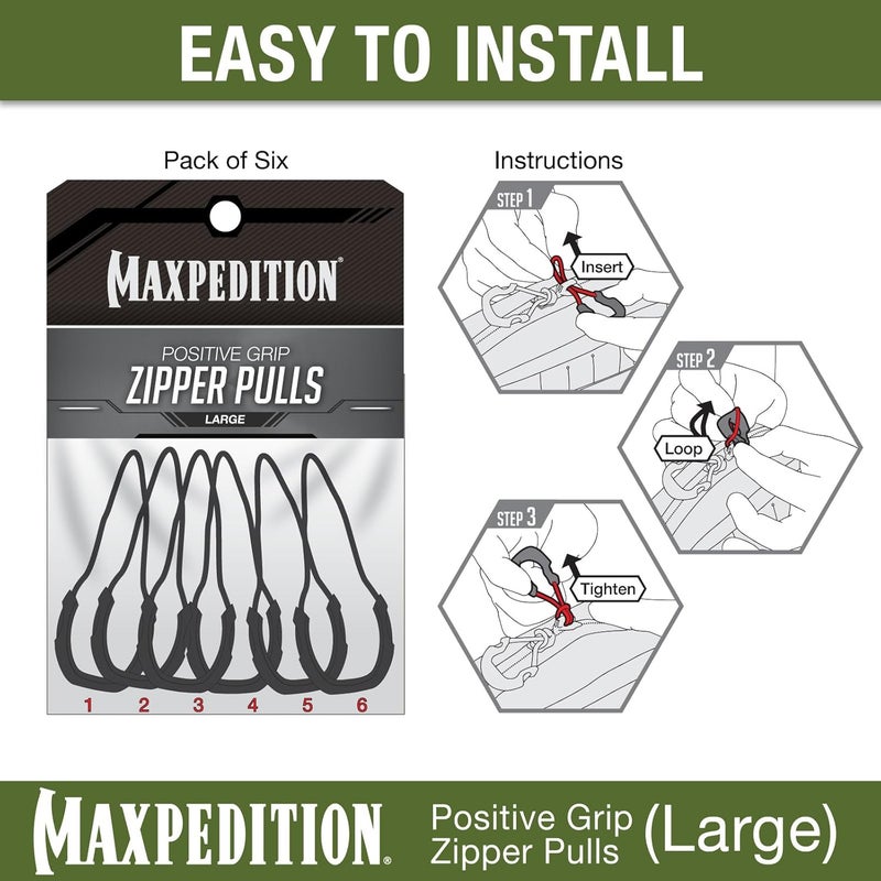 Maxpedition سحابات سحب إيجابية (كبيرة، سوداء) عبوة من 6، بديل سحب سحاب لحقيبة تكتيكية، حقيبة EDC، حقيبة الطوارئ والأمتعة، لسان سحب، PZLBLK - Image 5