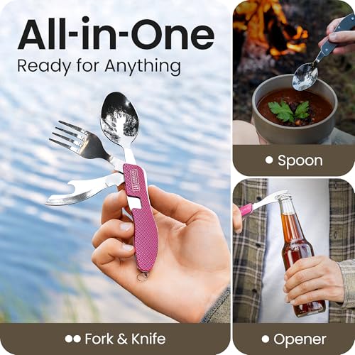 Orblue 4-in-1 Camping Eating Utensils, 2-Pack - Portable Spoon, Fork, Knife & Bottle Opener Combo Set - Stainless Steel Flatware with Detachable Fork - Travel, Backpacking Cutlery Multitool, Hot Pink - Image 2