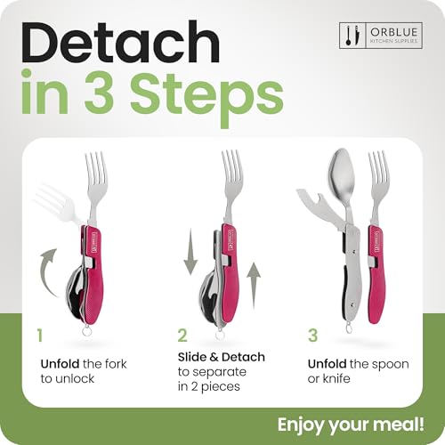 Orblue 4-in-1 Camping Eating Utensils, 2-Pack - Portable Spoon, Fork, Knife & Bottle Opener Combo Set - Stainless Steel Flatware with Detachable Fork - Travel, Backpacking Cutlery Multitool, Hot Pink - Image 3