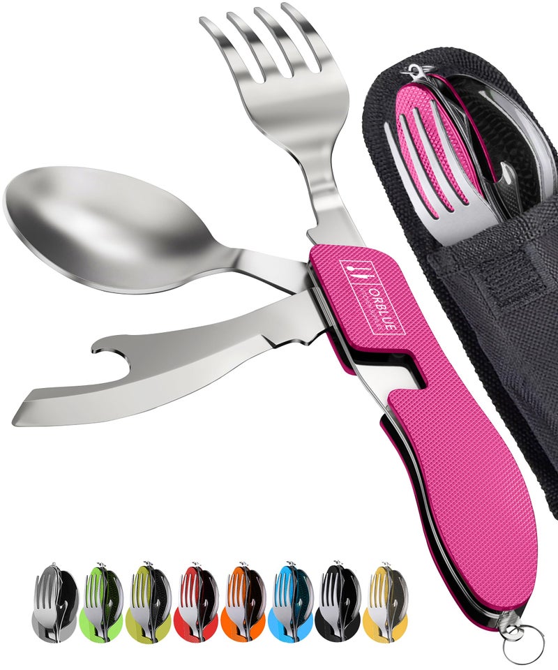 Orblue 4-in-1 Camping Eating Utensils, 2-Pack - Portable Spoon, Fork, Knife & Bottle Opener Combo Set - Stainless Steel Flatware with Detachable Fork - Travel, Backpacking Cutlery Multitool, Hot Pink - Image 1