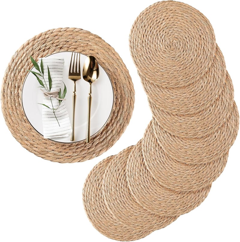 RUNTIVAN Round Woven Placemats Set of 4, Natural Water Hyacinth Place mats, 12 inch Rattan Placemats Wicker Placemats Farmhouse Boho Braided Heat Resistant Outdoor Placemat Patio Table Place Mats - Image 1