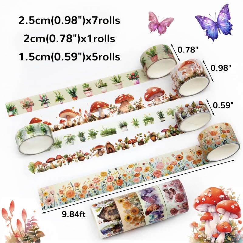 KOVANO Washi Tape Set 13 Rolls - Mushroom Butterfly Floral Decorative Tape, Colored Masking Tape for Scrapbooking Supplies, Bullet Journal Supplies, Junk Journal, DIY Crafts Art - Image 3