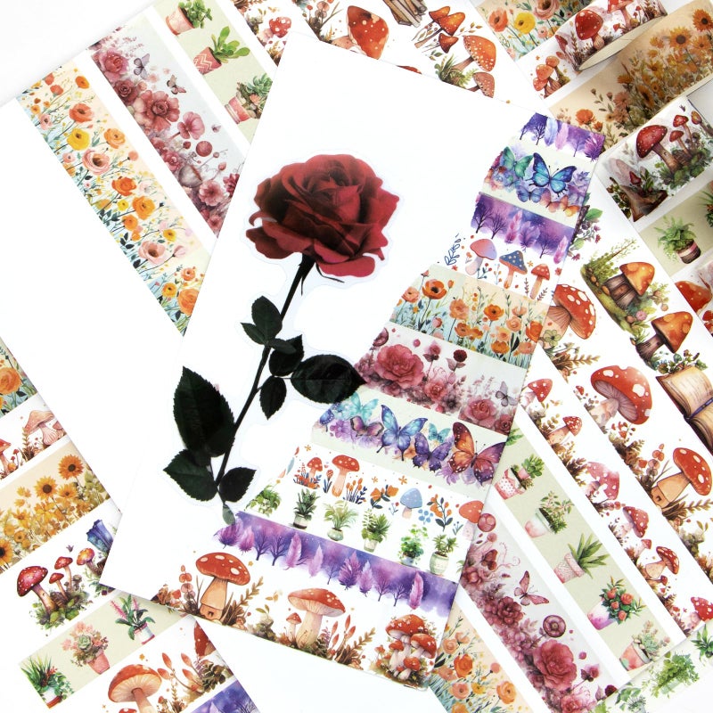 KOVANO Washi Tape Set 13 Rolls - Mushroom Butterfly Floral Decorative Tape, Colored Masking Tape for Scrapbooking Supplies, Bullet Journal Supplies, Junk Journal, DIY Crafts Art - Image 4