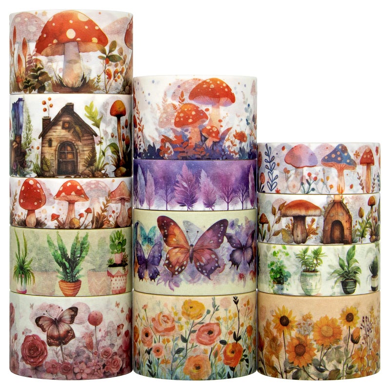 KOVANO Washi Tape Set 13 Rolls - Mushroom Butterfly Floral Decorative Tape, Colored Masking Tape for Scrapbooking Supplies, Bullet Journal Supplies, Junk Journal, DIY Crafts Art - Image 1