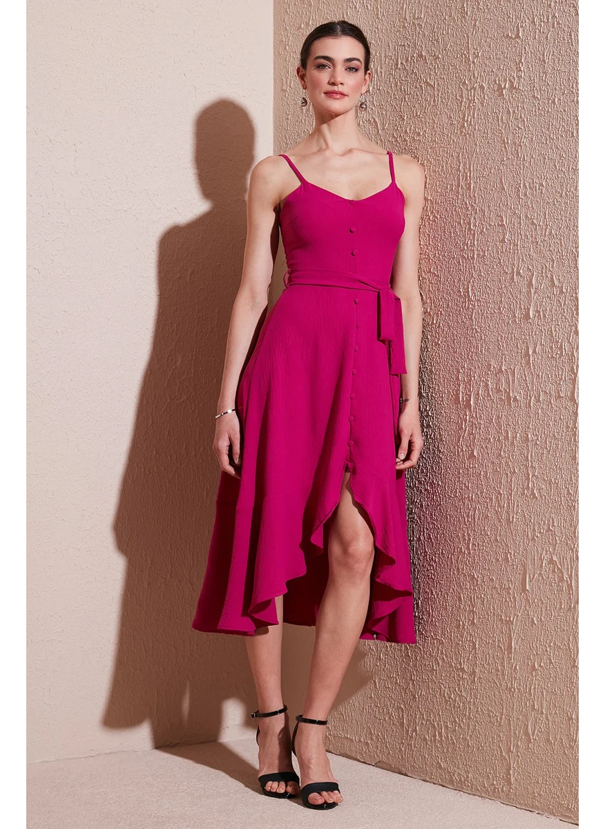 Lela Belt and Button Detailed Flounce Regular Fit Midi Length Dress Women's Dress 67810145