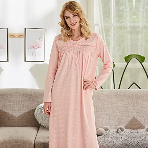 Keyocean Nightgowns for Women, All Cotton Soft Comfy Lightweight Long Sleeves Ladies Nightgowns, Peach Color, Medium - Image 4