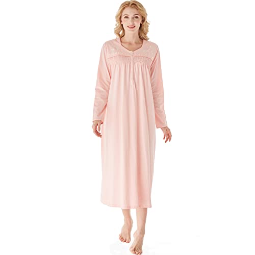 Keyocean Nightgowns for Women, All Cotton Soft Comfy Lightweight Long Sleeves Ladies Nightgowns, Peach Color, Medium - Image 1