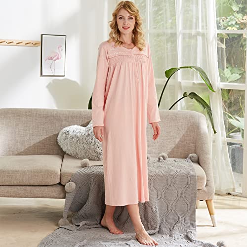 Keyocean Nightgowns for Women, All Cotton Soft Comfy Lightweight Long Sleeves Ladies Nightgowns, Peach Color, Medium - Image 3