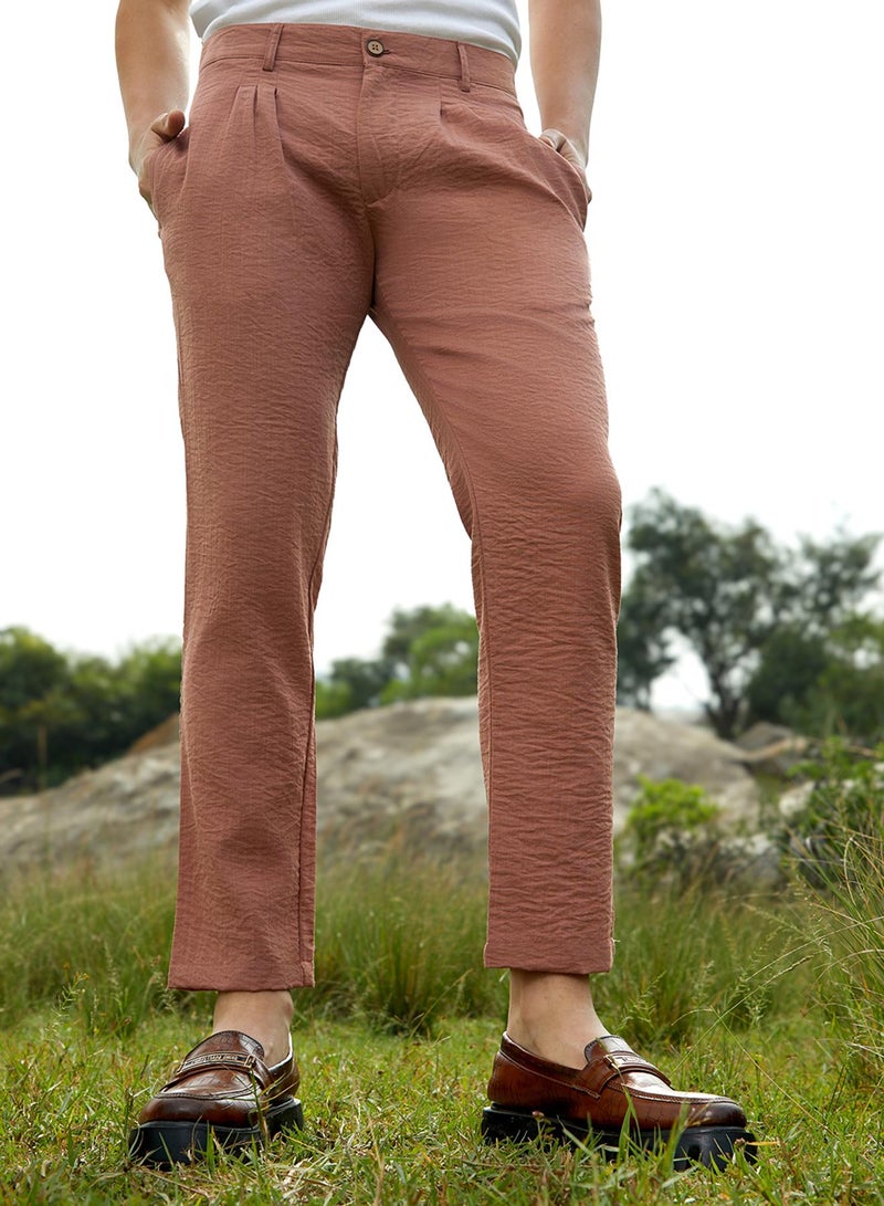 Campus Sutra Men's Terracotta Brown Crinkled Tailored Trousers  - Image 1