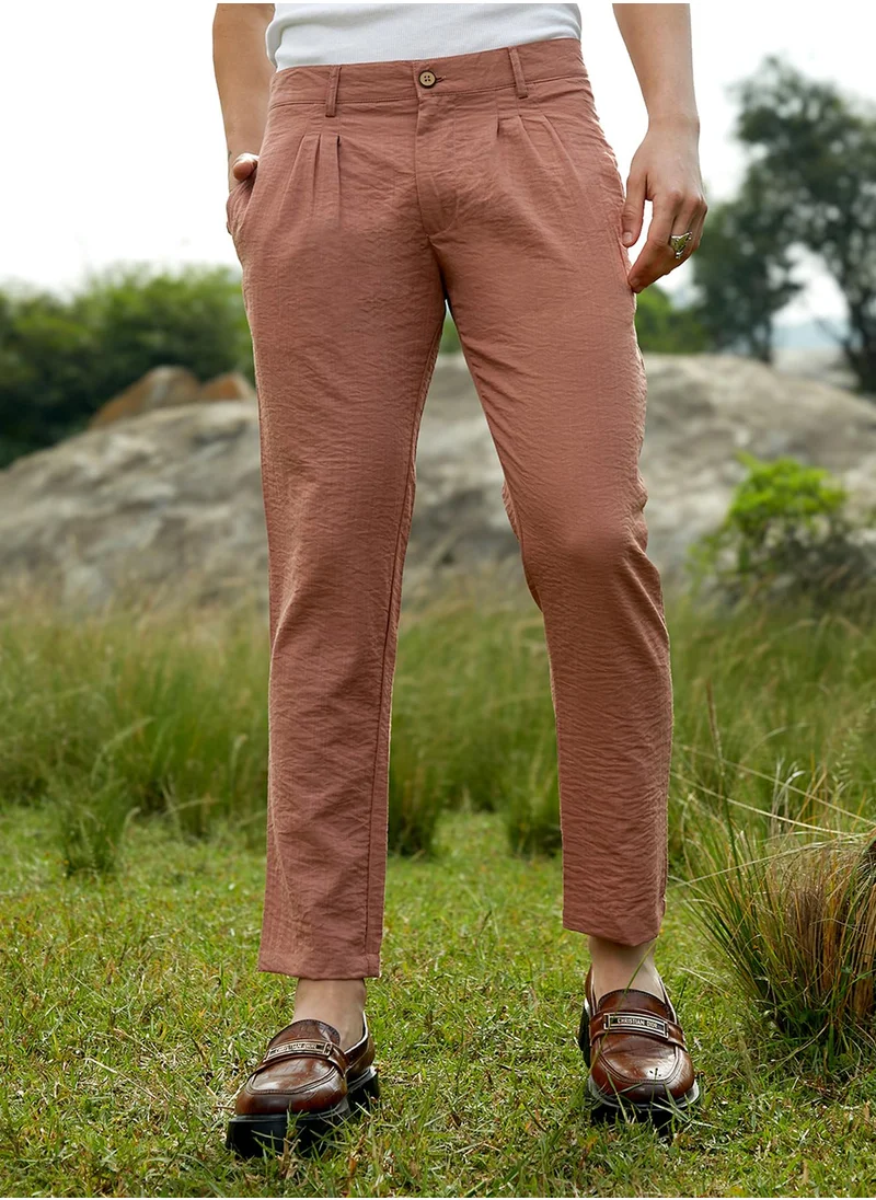 كامبوس سوترا Men's Terracotta Brown Crinkled Tailored Trousers