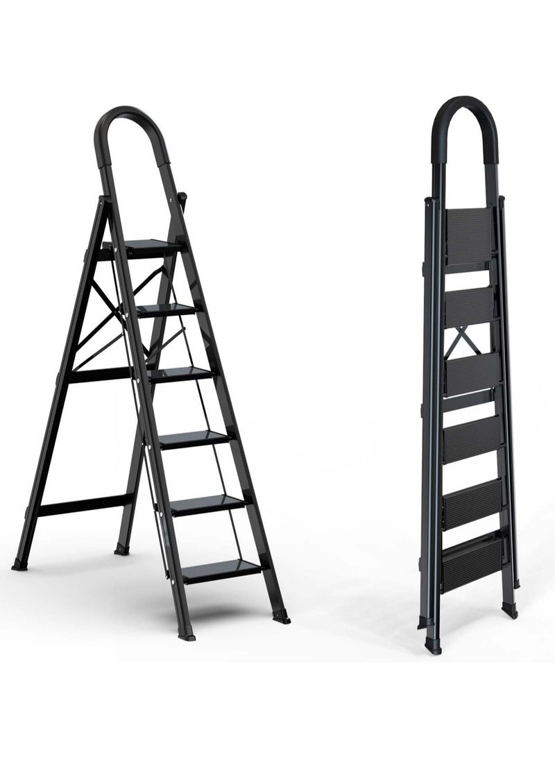 Acotsun 6 Step Folding Heavy Duty Step Ladder,Acotsun Folding Ladder for Home Use,400kg Load,6 Iron Steps,Black, Iron & Plastic, 1.6M Tall, Anti-Slip, Multi-Position,for Kitchen, Office, Library, Warehouse - Image 2