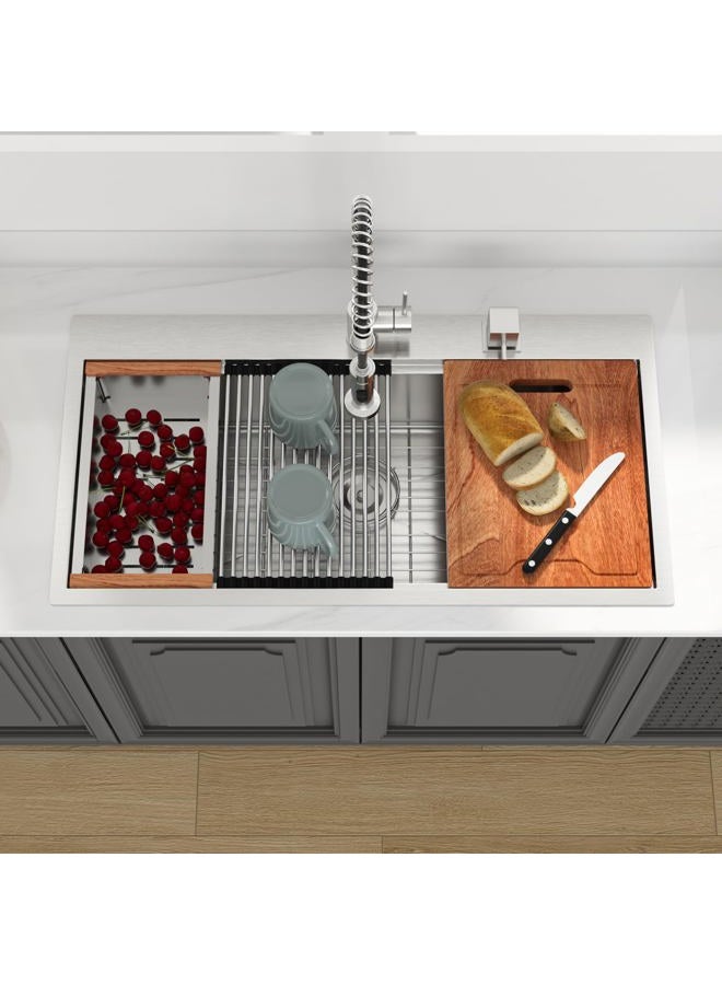 Lordear 36 Kitchen Sink Drop In - 36x19 Inch Drop In Kitchen Sinks 16 Gauge Stainless Steel Single Bowl Ledge Worktation Topmount Overcounter Handmade Kitchen SInk Baisn With Cutting Board - Image 2