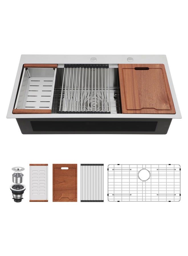 Lordear 36 Kitchen Sink Drop In - 36x19 Inch Drop In Kitchen Sinks 16 Gauge Stainless Steel Single Bowl Ledge Worktation Topmount Overcounter Handmade Kitchen SInk Baisn With Cutting Board - Image 1