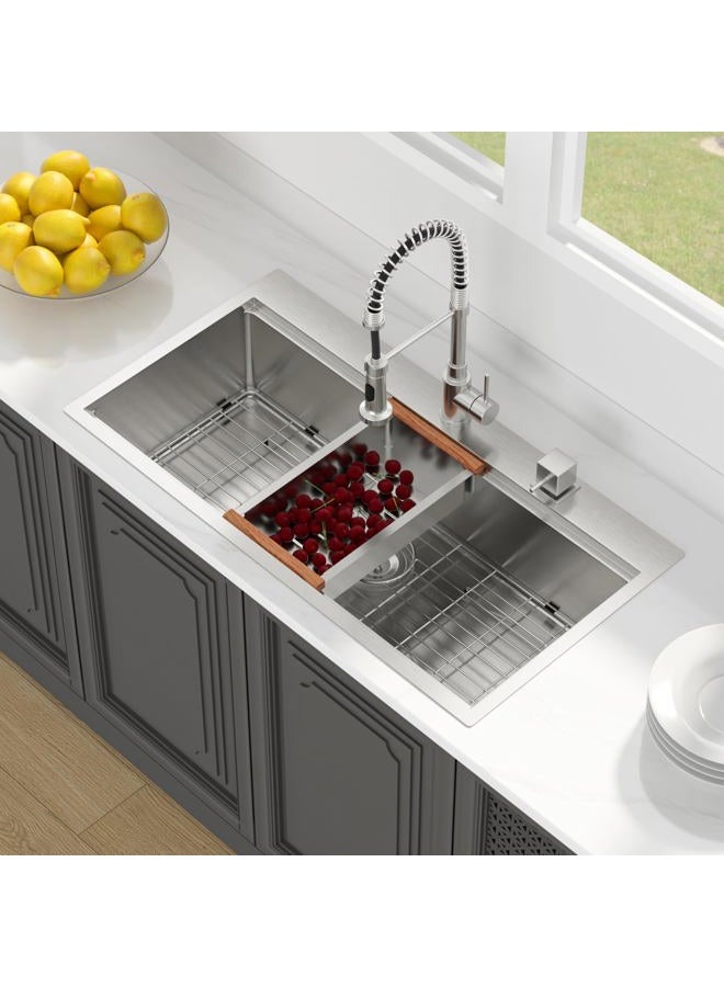Lordear 36 Kitchen Sink Drop In - 36x19 Inch Drop In Kitchen Sinks 16 Gauge Stainless Steel Single Bowl Ledge Worktation Topmount Overcounter Handmade Kitchen SInk Baisn With Cutting Board - Image 3