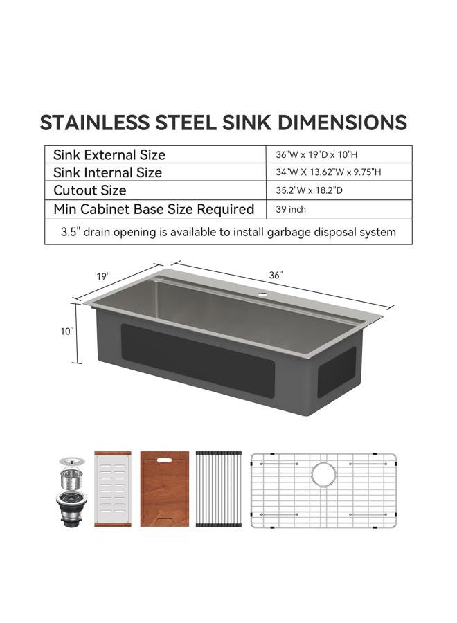 Lordear 36 Kitchen Sink Drop In - 36x19 Inch Drop In Kitchen Sinks 16 Gauge Stainless Steel Single Bowl Ledge Worktation Topmount Overcounter Handmade Kitchen SInk Baisn With Cutting Board - Image 4