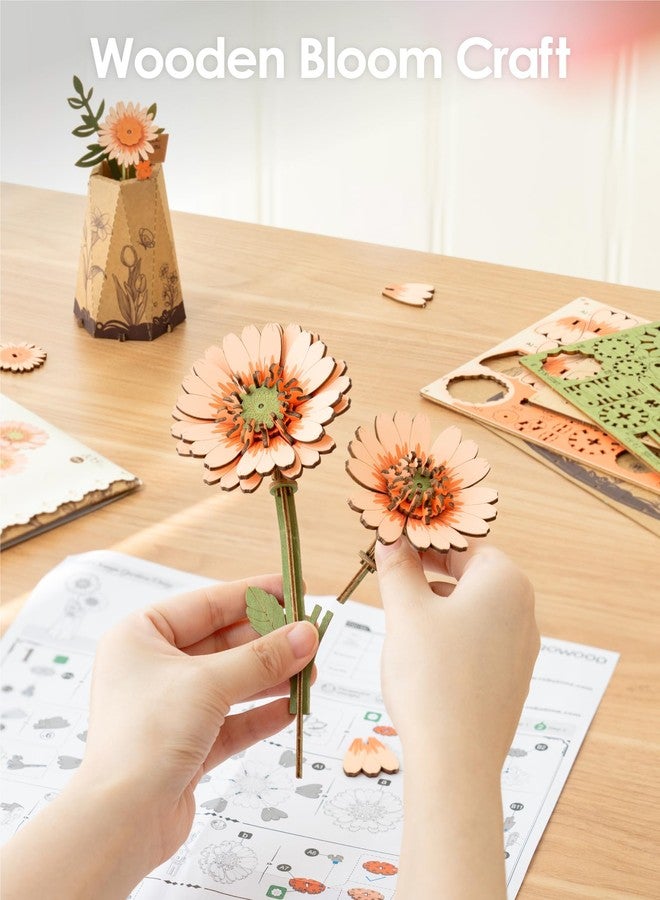 ROBOTIME 3D Puzzle Light Orange Gerbera Daisy TW111, DIY Wooden Flower Craft, Artificial Flowers Model Kit to Assemble for Adults, Home Decoration and Valentine's Day Toy Gift Set - Image 2