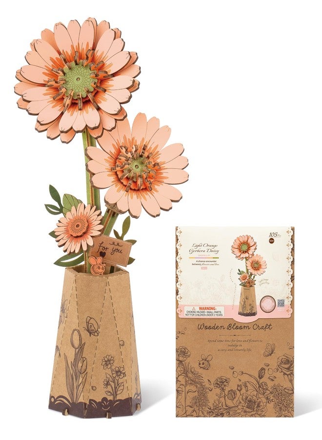 ROBOTIME 3D Puzzle Light Orange Gerbera Daisy TW111, DIY Wooden Flower Craft, Artificial Flowers Model Kit to Assemble for Adults, Home Decoration and Valentine's Day Toy Gift Set - Image 1
