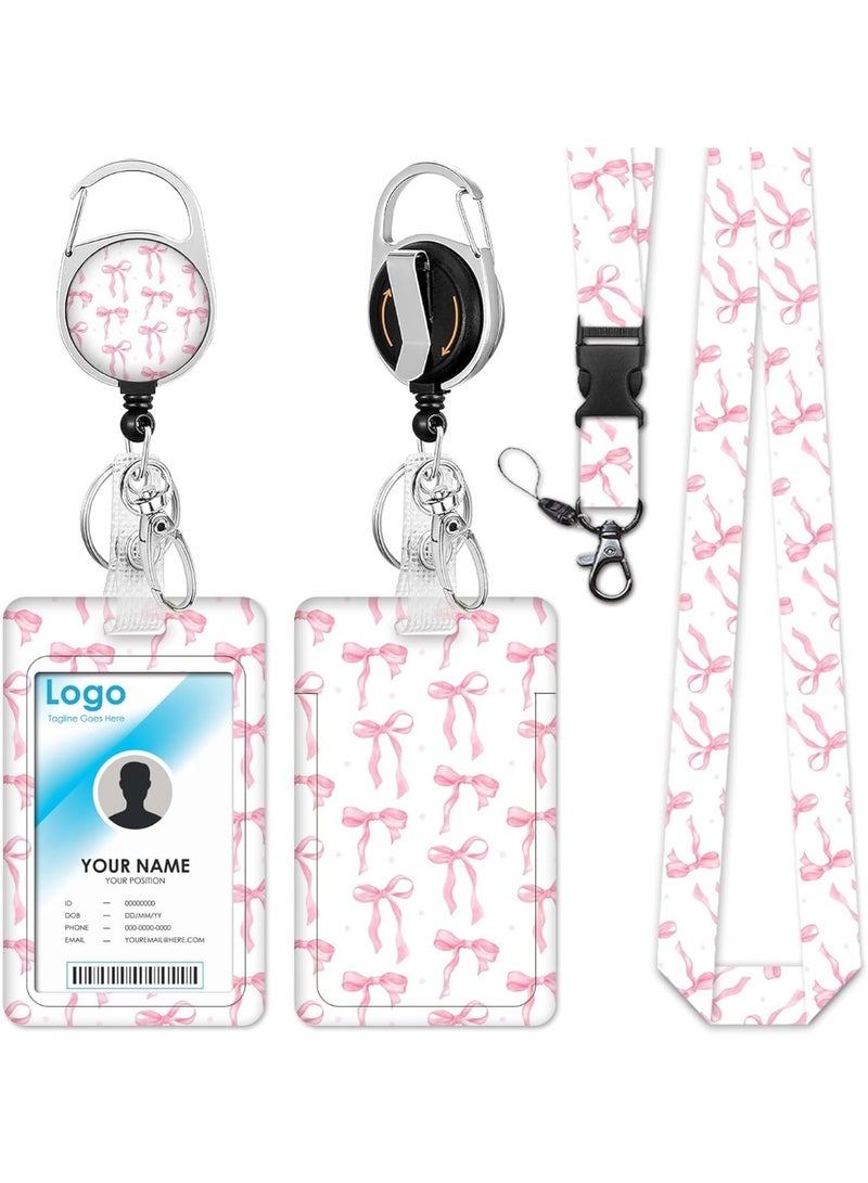 Pink Bow ID Badge Holder with Retractable Reel Lanyard – Breakaway Safety Design, 360° Rotating Clip, Lightweight ABS Card Case for Women, Nurses, Teachers & Office - Image 1