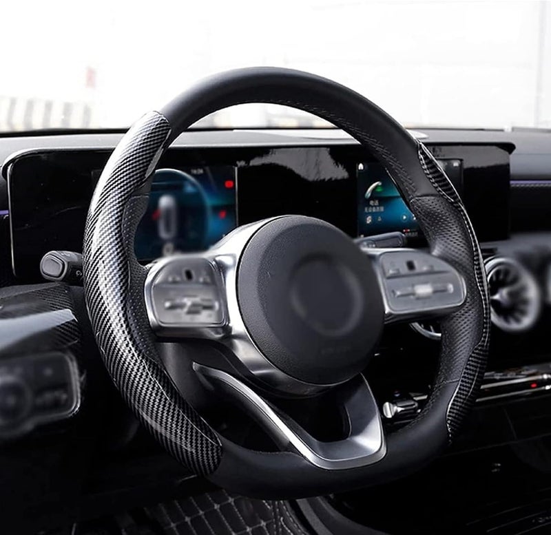 Sulfar Universal Car Steering Wheel Cover Carbon Fiber, Automobile Interior Accessories Sport Carbon Fiber Car Steering Wheel Cover Non-Slip Car Wheel Protector Universal for Diameter 38cm (Black) - Image 2
