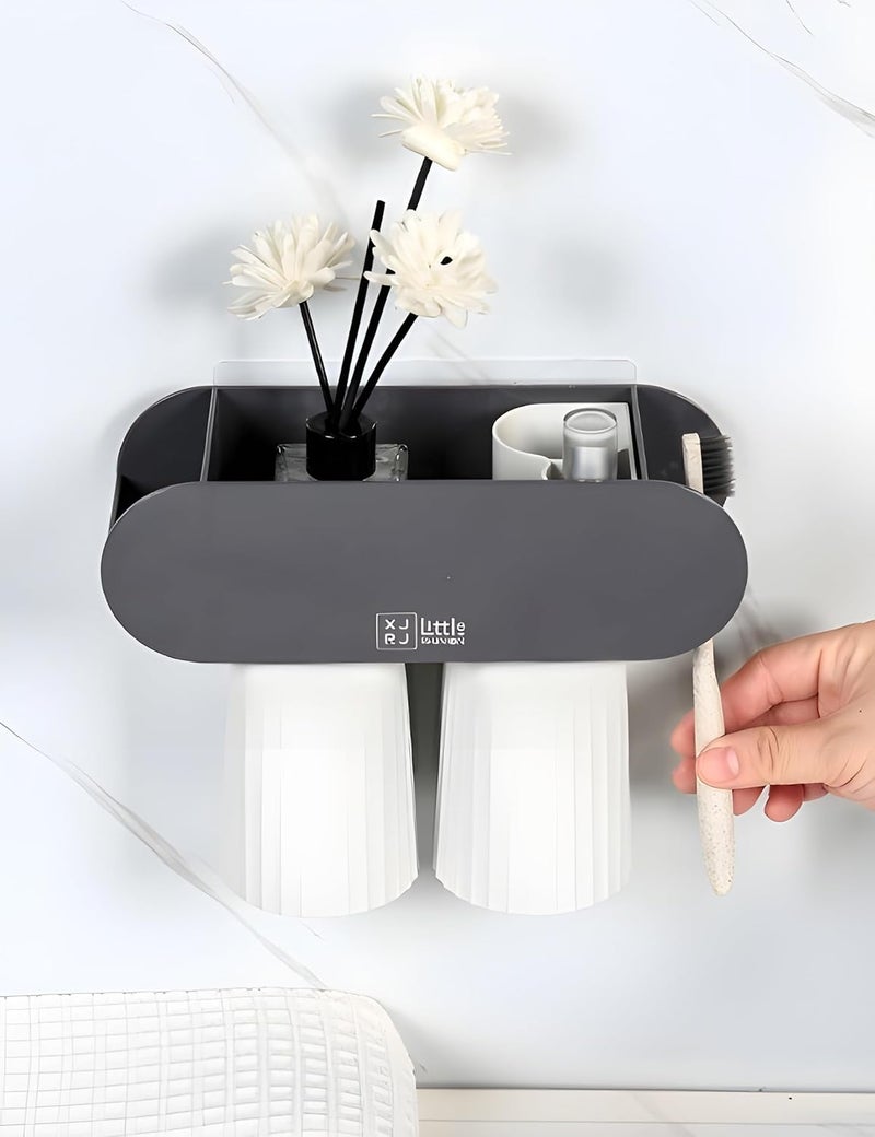 Jinila Wall Mounted Toothbrush Toothpest Holder with 2 Gargle Cup Wall Hanging Storage Rack Bathroom and Wash Basin Organiser Pack of 1 Gray and Cream - Image 1