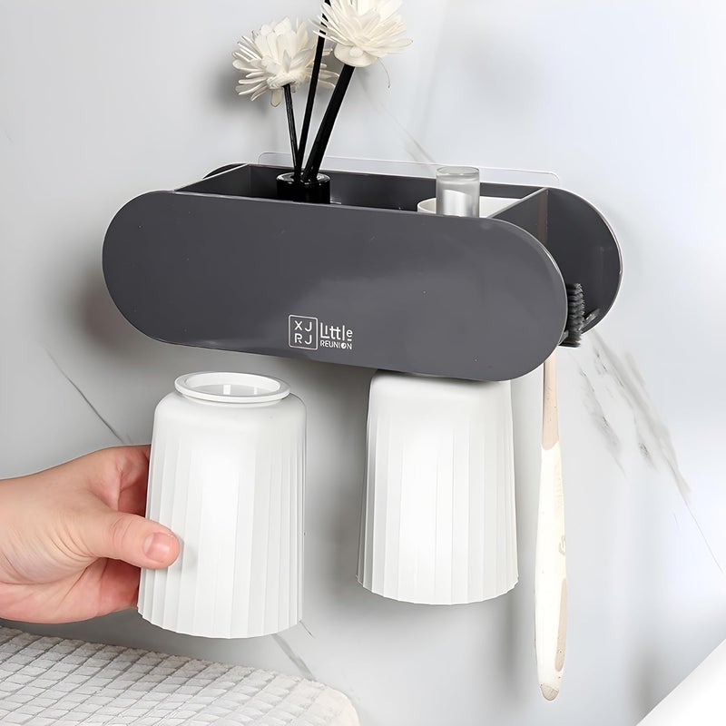 Jinila Wall Mounted Toothbrush Toothpest Holder with 2 Gargle Cup Wall Hanging Storage Rack Bathroom and Wash Basin Organiser Pack of 1 Gray and Cream - Image 2