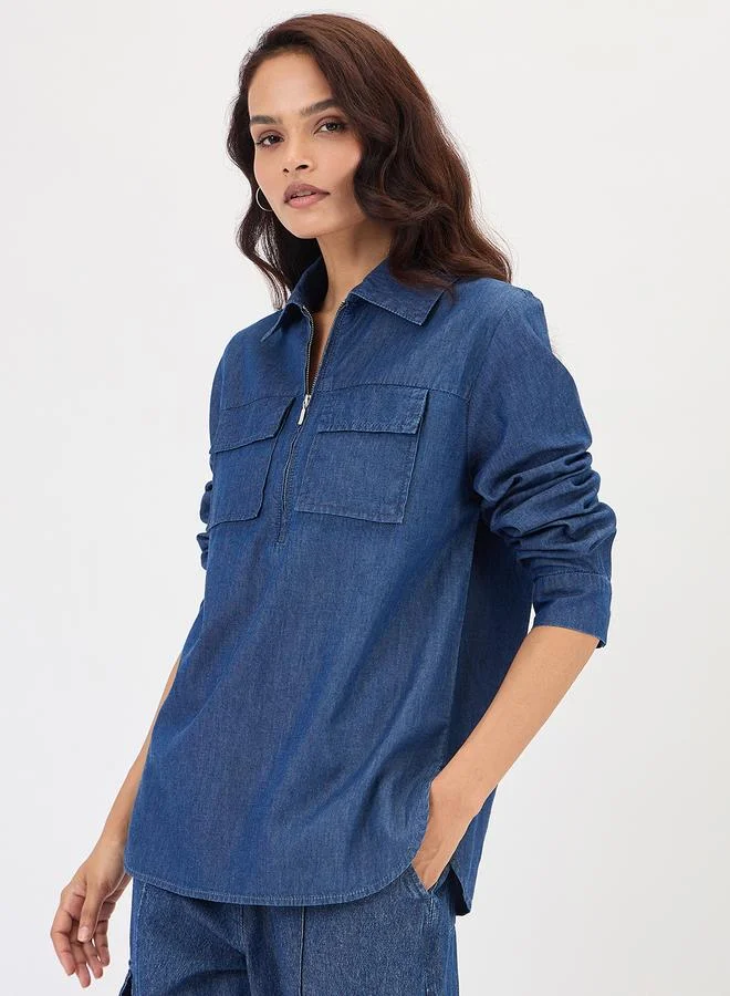 فيميلا بلوزة دنيم بنصف سحَّاب غلق