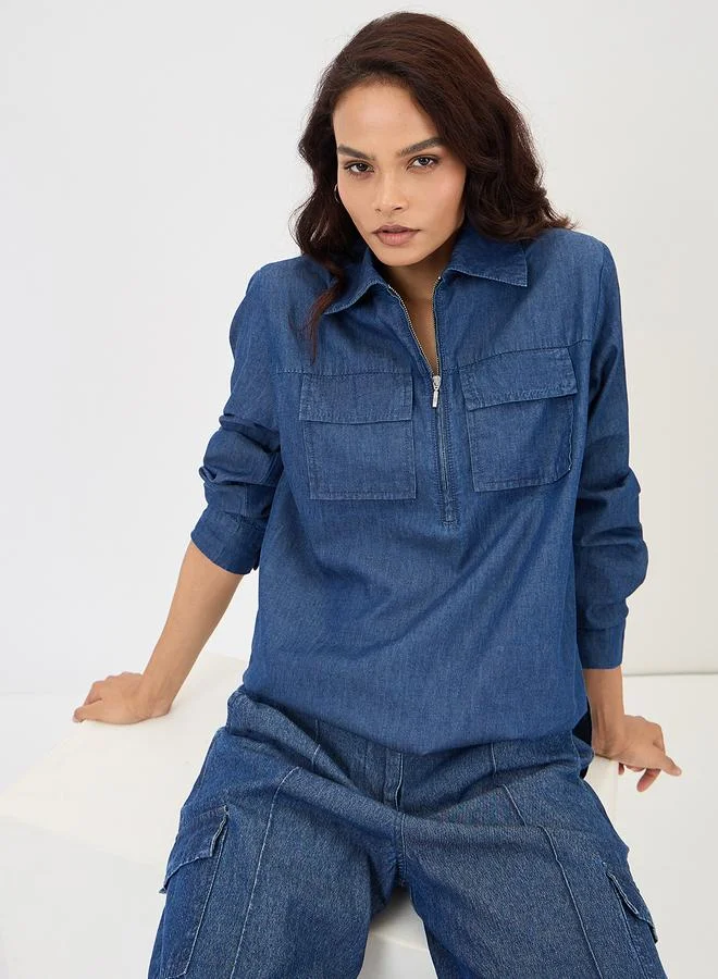 Femmella  Navy Blue Half Zip Up Denim Top for Women | Best Price UAE