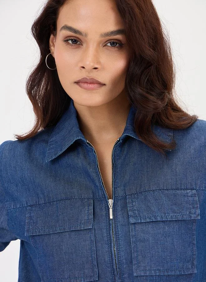Femmella  Navy Blue Half Zip Up Denim Top for Women | Best Price UAE