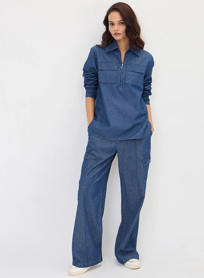 Femmella  Navy Blue Half Zip Up Denim Top for Women | Best Price UAE