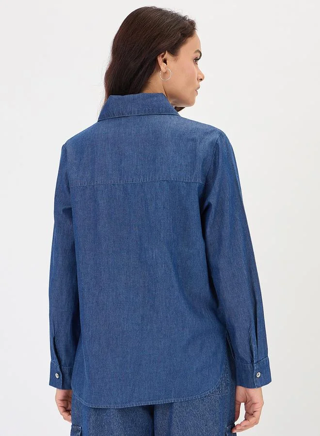 Femmella  Navy Blue Half Zip Up Denim Top for Women | Best Price UAE