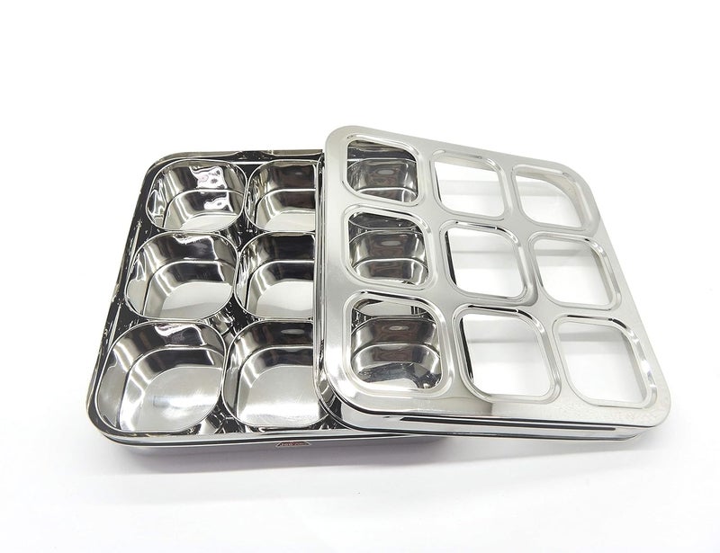 JEE ALTO Square DryFruitMasala BoxSpice Container 9 C Thru Partion Lid Masala Box with 9 Cups 180ml Each - Image 1