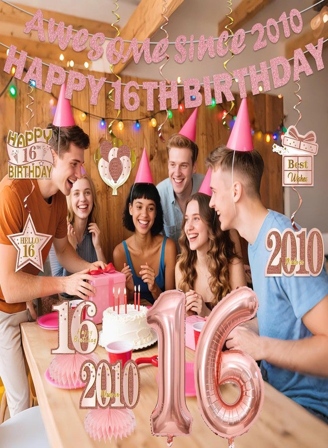 Uiorgui 11PCS 16th Birthday Decorations for Girls, Pink Rose Gold Awesome Since 2010 Happy 16th Birthday Banner Balloons Hanging Swirls Table Centerpieces Hello 16 Party Supplies - Image 5
