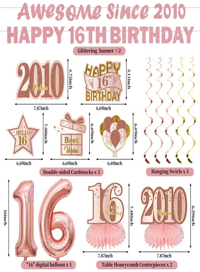 Uiorgui 11PCS 16th Birthday Decorations for Girls, Pink Rose Gold Awesome Since 2010 Happy 16th Birthday Banner Balloons Hanging Swirls Table Centerpieces Hello 16 Party Supplies - Image 2