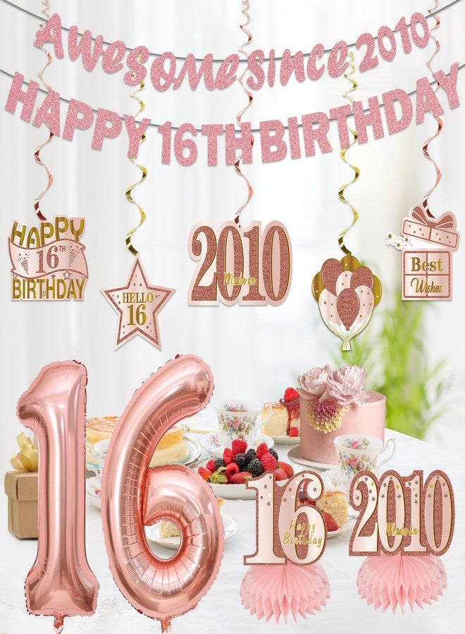 Uiorgui 11PCS 16th Birthday Decorations for Girls, Pink Rose Gold Awesome Since 2010 Happy 16th Birthday Banner Balloons Hanging Swirls Table Centerpieces Hello 16 Party Supplies - Image 4