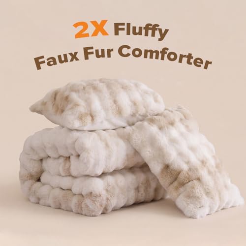 YIKUSH Fluffy Comforter Set King Size - Soft & Fuzzy Faux Fur King Comforter, Ultra Plush Tie-dye Cream White Comforter with Flannel Back, Warm Yet Lightweight Cozy Bedding Set - Image 2