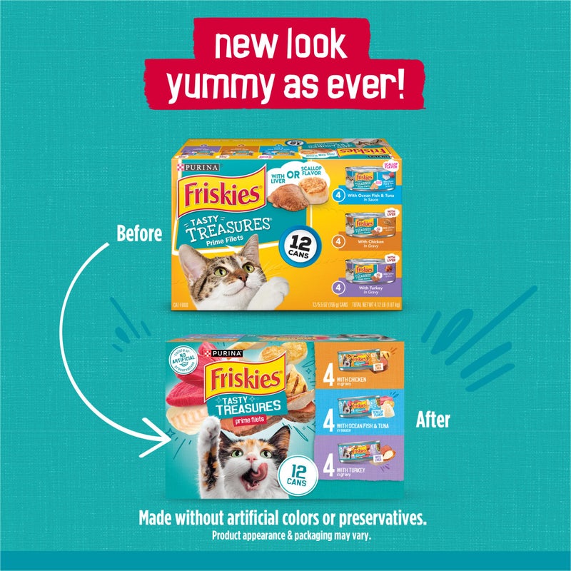 Friskies طعام رطب للقطط من بيورينا فريسكيز - مجموعة متنوعة، كنوز لذيذة من شرائح اللحم (مع سمك المحيط والتونة، مع الدجاج ومع الديك الرومي) - 5.5 أونصة (عبوة من 12)  - Image 2