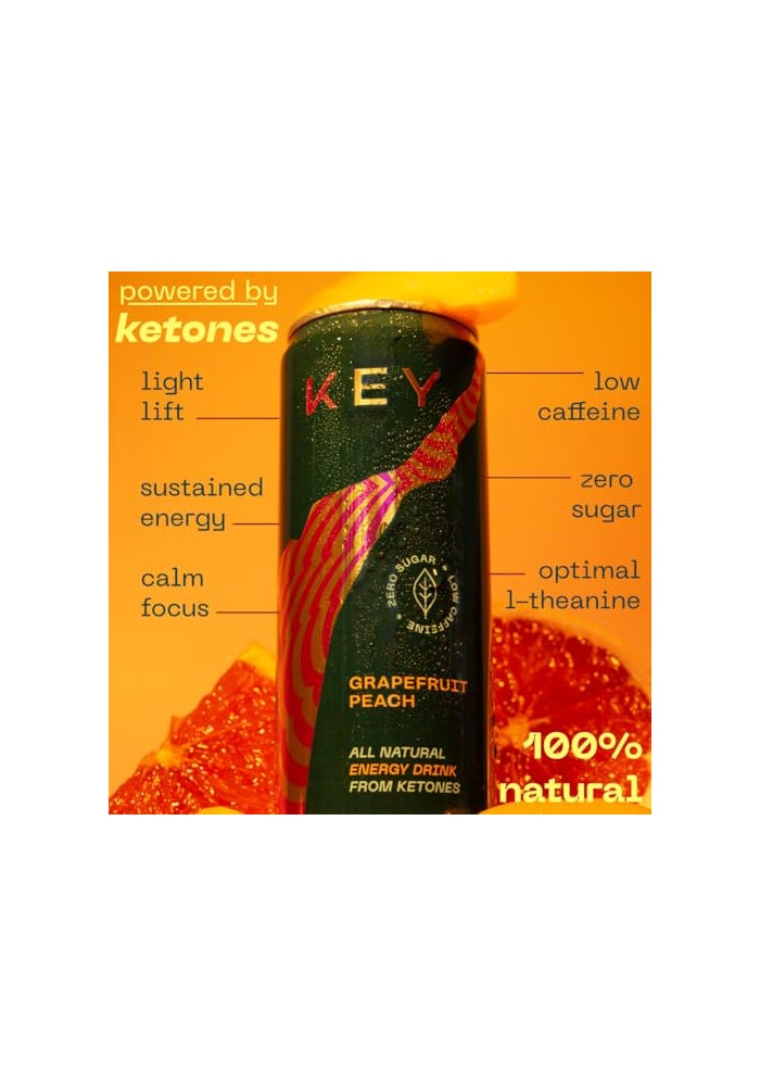 KEY Ketone Drink  Ketones for Energy  Focus Sugar Free  Low Caffeine from Green Tea with LTheanine No Crash or Jitters All Natural Lightly Carbonated Grapefruit Peach Pack of 12 - Image 5