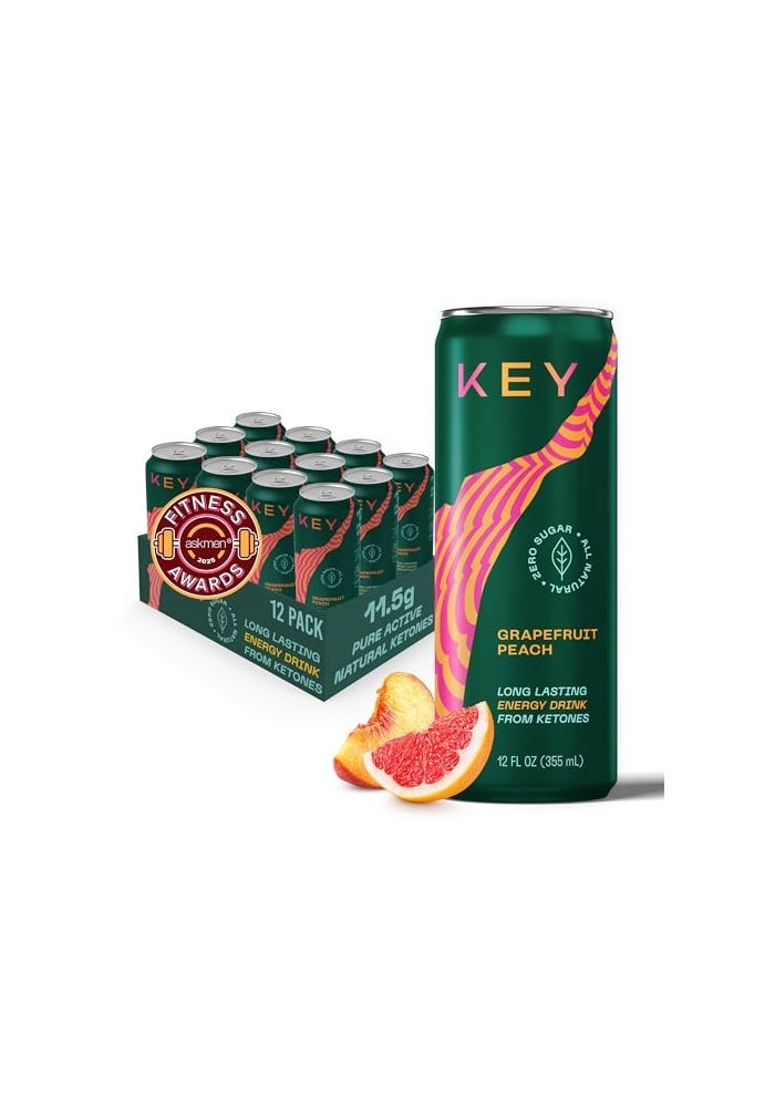 KEY Ketone Drink  Ketones for Energy  Focus Sugar Free  Low Caffeine from Green Tea with LTheanine No Crash or Jitters All Natural Lightly Carbonated Grapefruit Peach Pack of 12 - Image 1