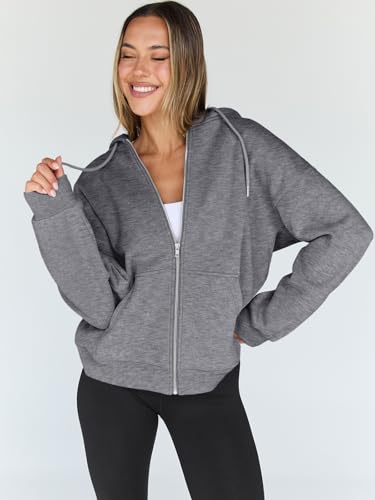 Trendy Queen Womens Zip Up Hoodies Oversized Sweatshirts Fall School Fashion Outfits Casual Jackets 2025 Winter Clothes Dark Grey S - Image 2
