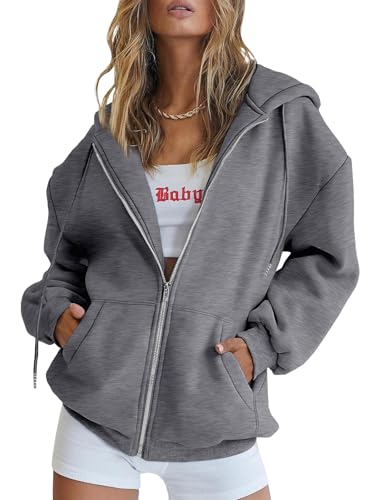 Trendy Queen Womens Zip Up Hoodies Oversized Sweatshirts Fall School Fashion Outfits Casual Jackets 2025 Winter Clothes Dark Grey S - Image 1