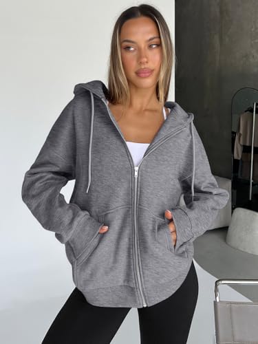 Trendy Queen Womens Zip Up Hoodies Oversized Sweatshirts Fall School Fashion Outfits Casual Jackets 2025 Winter Clothes Dark Grey S - Image 3