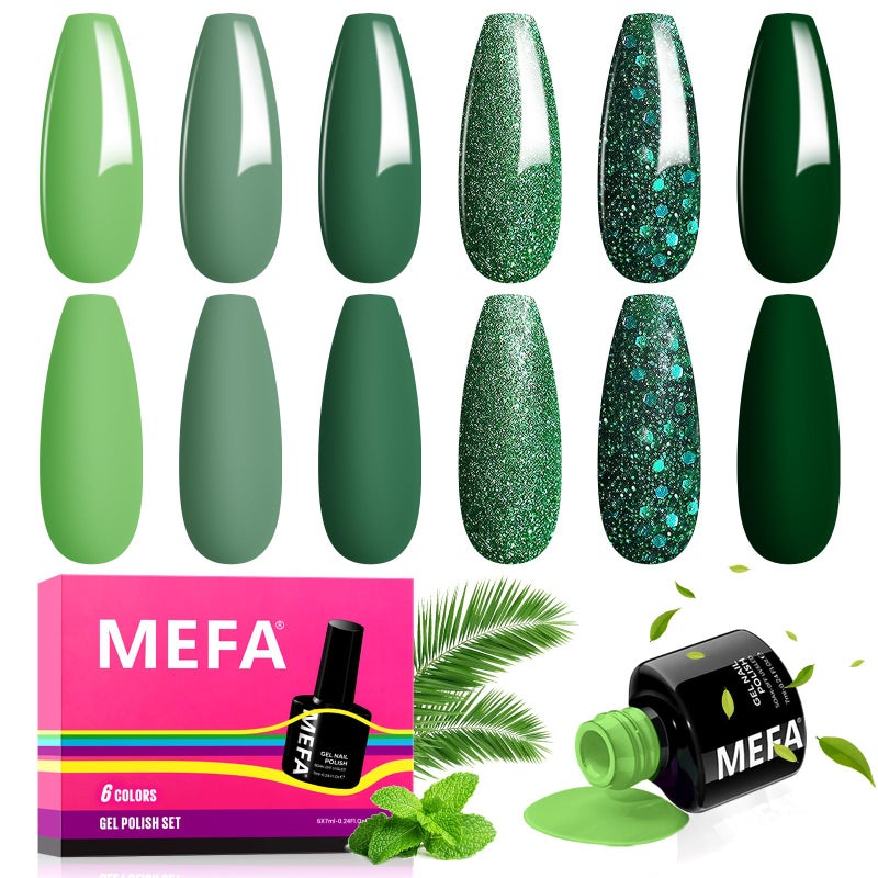 MEFA Green Gel Nail Polish, 6 Colors Green Glitter Nail Polish Gel Dark Avocado Sage Evergreen Sparkle nail Polish Set Soak Off Nail Art DIY Salon Manicure Nail Art Gifts for Women - Image 1