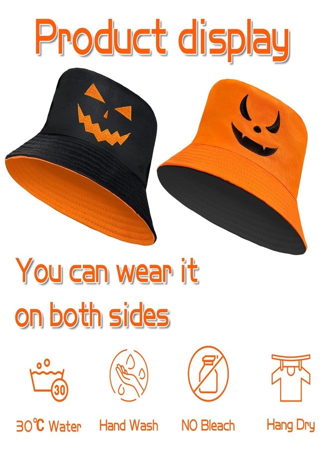 Dkomekii Halloween Bucket Hat Pumpkin Fisherman Hats for Women Men Reversible Scary Face Embroidery Lightweight Unisex Sun Cap for Fishing Camping Outdoor (Orange/Black) - Image 3