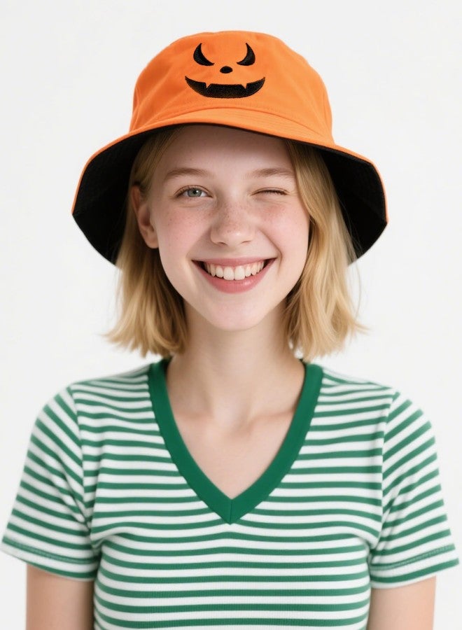 Dkomekii Halloween Bucket Hat Pumpkin Fisherman Hats for Women Men Reversible Scary Face Embroidery Lightweight Unisex Sun Cap for Fishing Camping Outdoor (Orange/Black) - Image 2