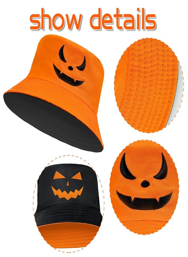 Dkomekii Halloween Bucket Hat Pumpkin Fisherman Hats for Women Men Reversible Scary Face Embroidery Lightweight Unisex Sun Cap for Fishing Camping Outdoor (Orange/Black) - Image 4