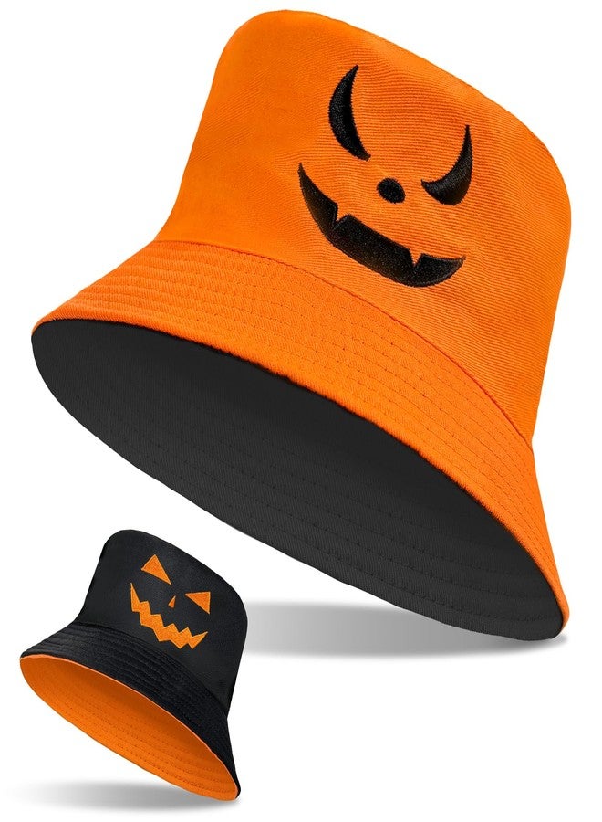 Dkomekii Halloween Bucket Hat Pumpkin Fisherman Hats for Women Men Reversible Scary Face Embroidery Lightweight Unisex Sun Cap for Fishing Camping Outdoor (Orange/Black) - Image 1