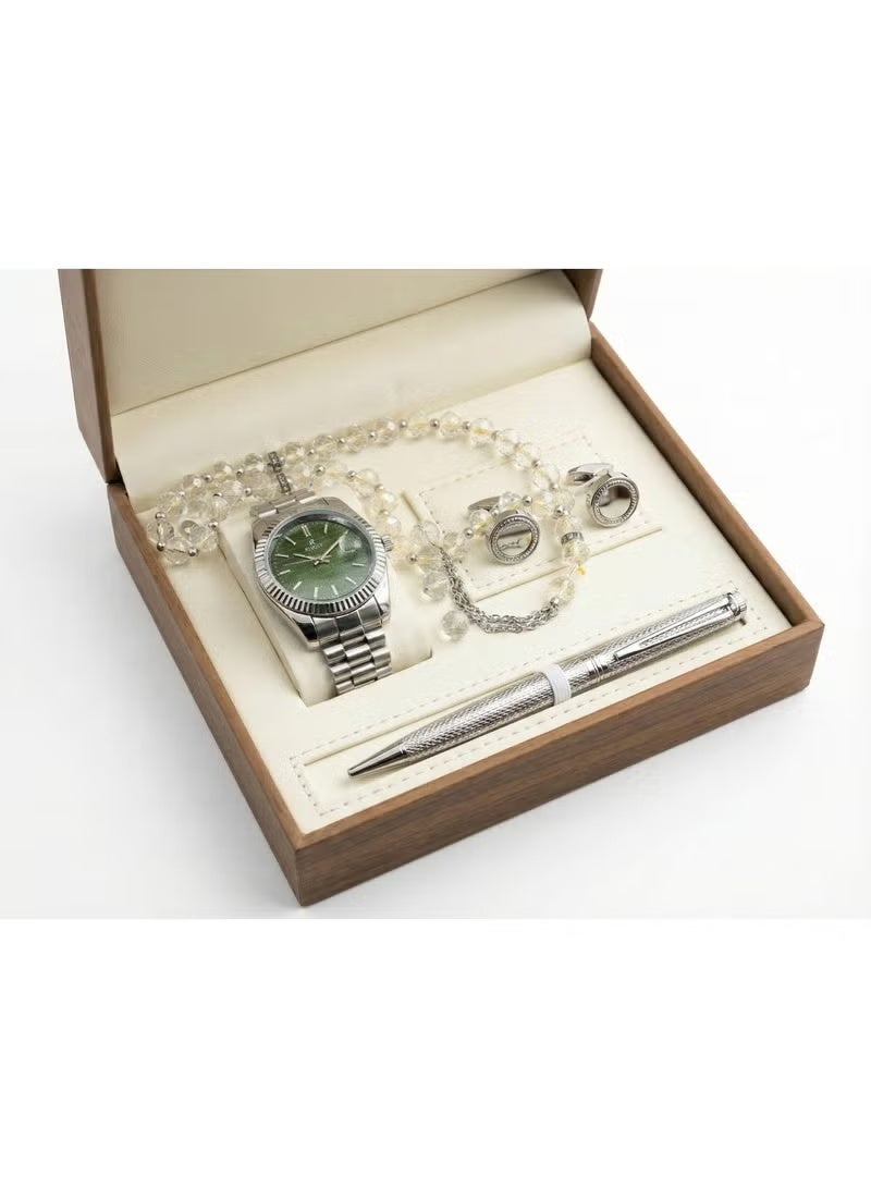 A wonderful stainless steel men's set consisting of a watch, a rosary, a pen and cufflinks half steel