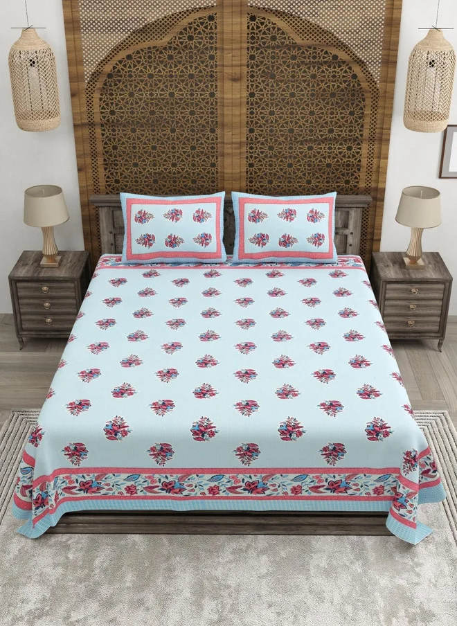 CLOTHOLOGY CLOTHOLOGY Blue & Pink Floral Printed 180TC Pure Cotton King Bedsheet Set